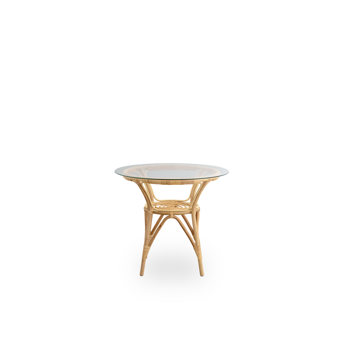 Front view of the Tony rattan café table with 8 mm tempered glass top.
Rattan frame handcrafted in high-quality Indonesian rattan.