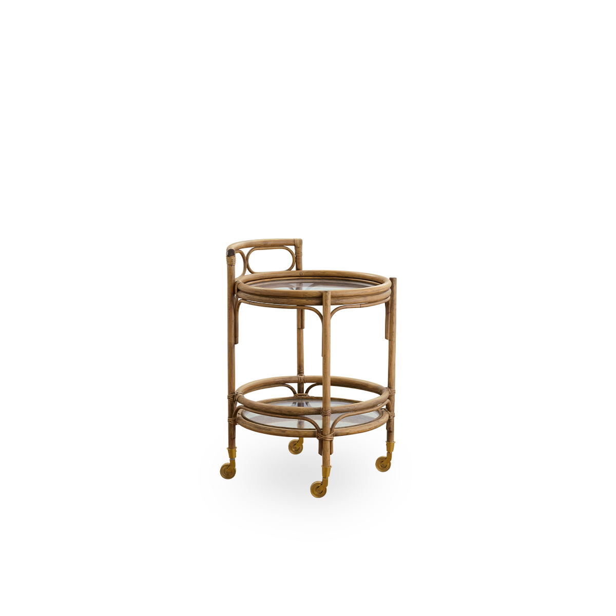 Side view of Romeo rattan trolley in Antique brown color, versatile as bar cart, plant table, kitchen side table or bedside table. Handcrafted from high-quality Indonesian rattan.