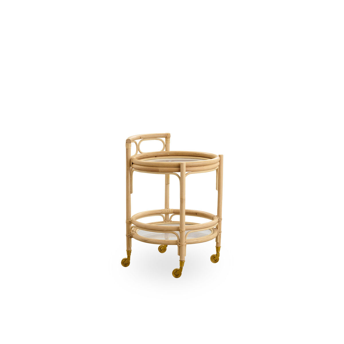 Side view of Romeo rattan trolley in Natural color, versatile as bar cart, plant table, kitchen side table or bedside table. Handcrafted from high-quality Indonesian rattan.