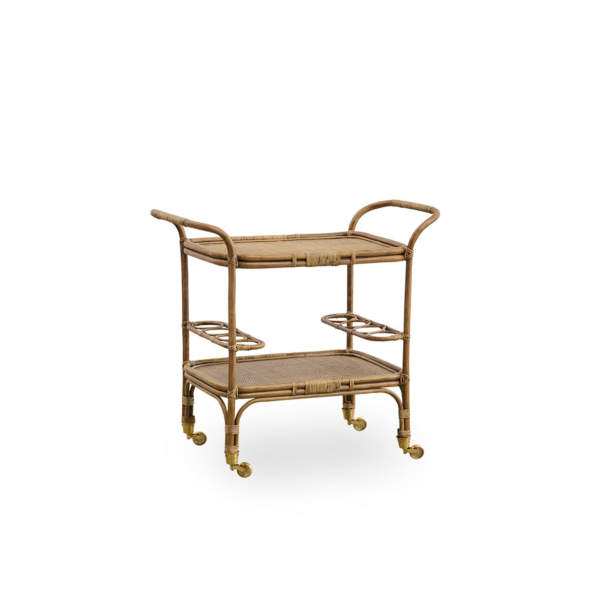 Side view of the Carlo bar trolley handcrafted from high-quality Indonesian rattan in an antique brown finish, with detailed weaves on a solid rattan frame.