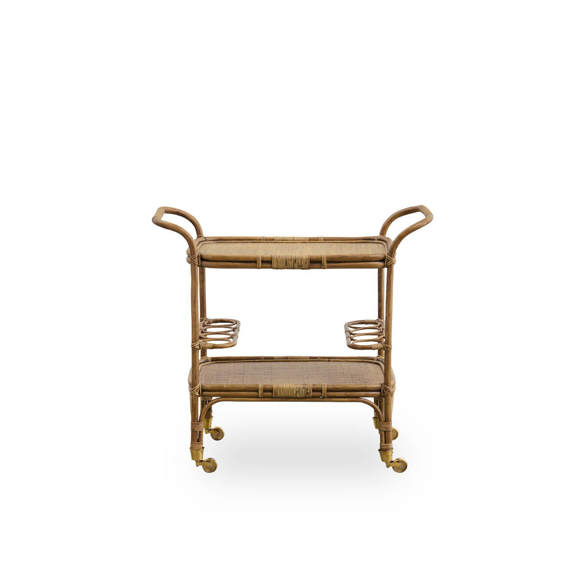 Front view of the Carlo bar trolley handcrafted from high-quality Indonesian rattan in an antique brown finish, with detailed weaves on a solid rattan frame.