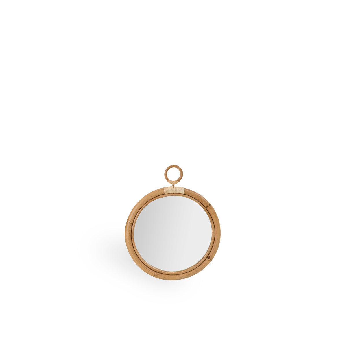 Round Ella rattan mirror size Small, measuring 40 cm i diameter. Handcrafted from high-quality Indonesian rattan.