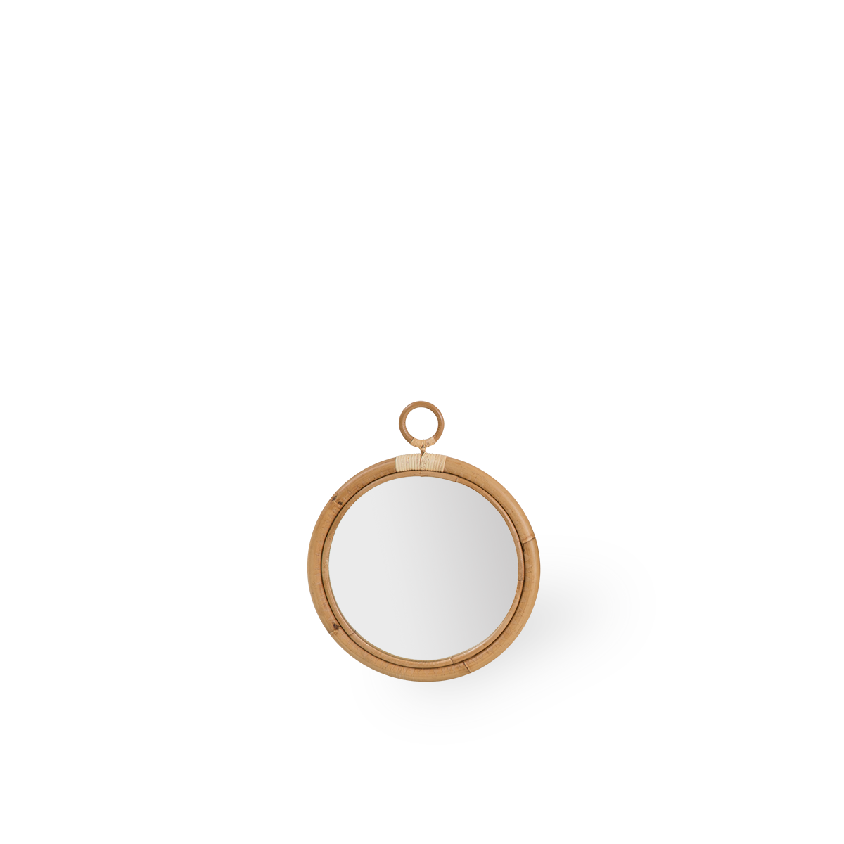 Round Ella rattan mirror size Small, measuring 40 cm i diameter. Handcrafted from high-quality Indonesian rattan.