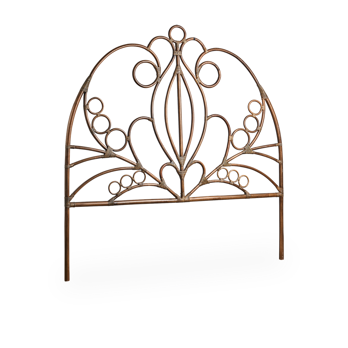 Side view of Natalia rattan headboard in Antique brown color with woven rattan details on a rattan frame. Handcrafted from high-quality Indonesian rattan.