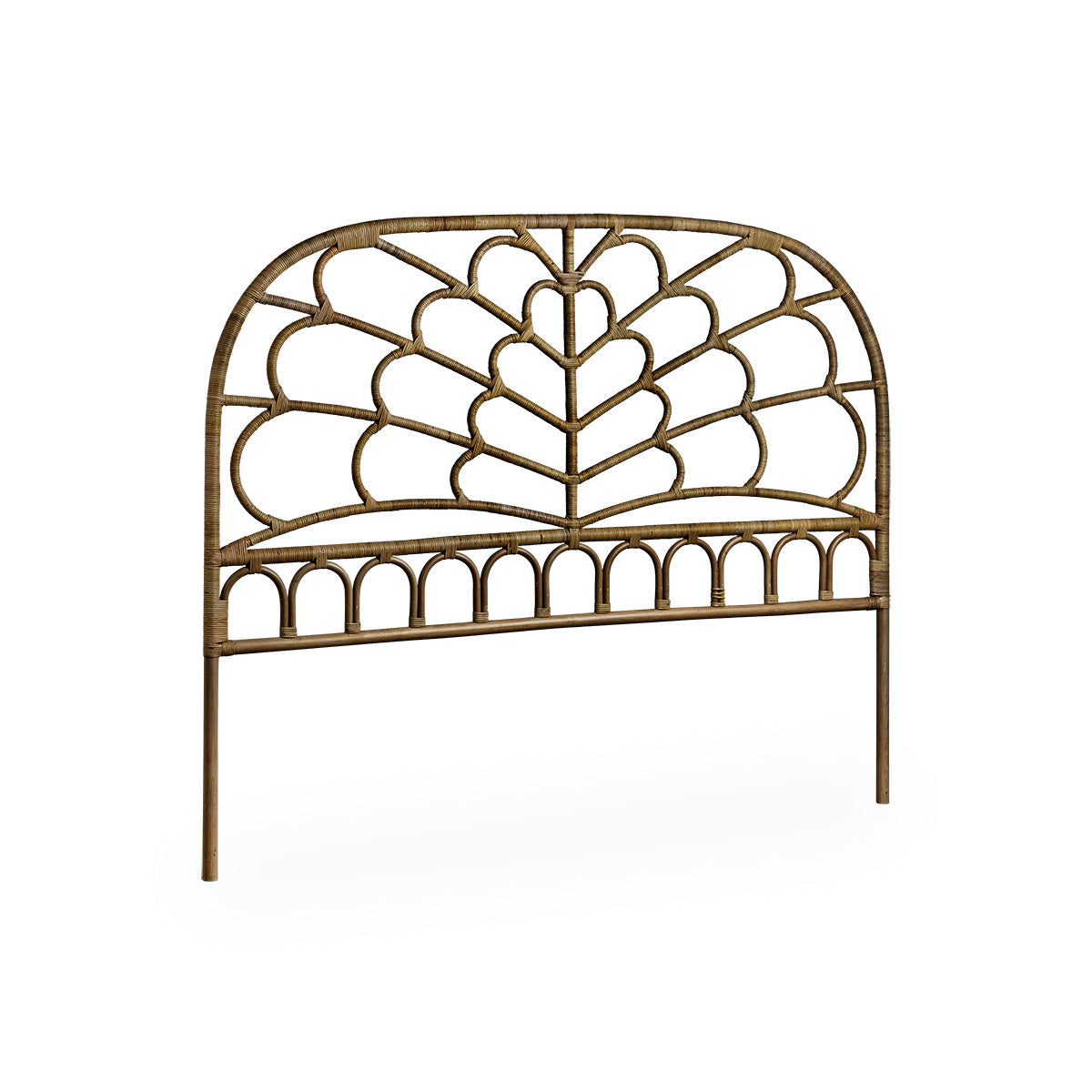 Side view of the Celia headboard handcrafted from high-quality Indonesian rattan. Finished in an antique brown color with detailed weavings inspired by butterfly wings.
