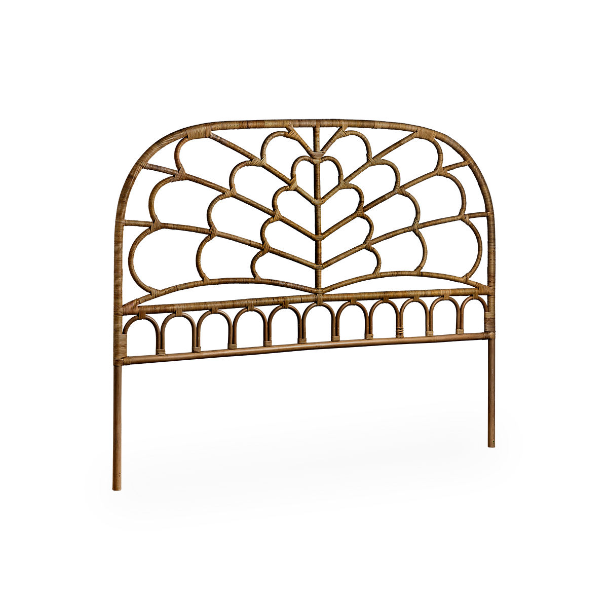 Side view of the Celia headboard handcrafted from high-quality Indonesian rattan. Finished in an antique brown color with detailed weavings inspired by butterfly wings.