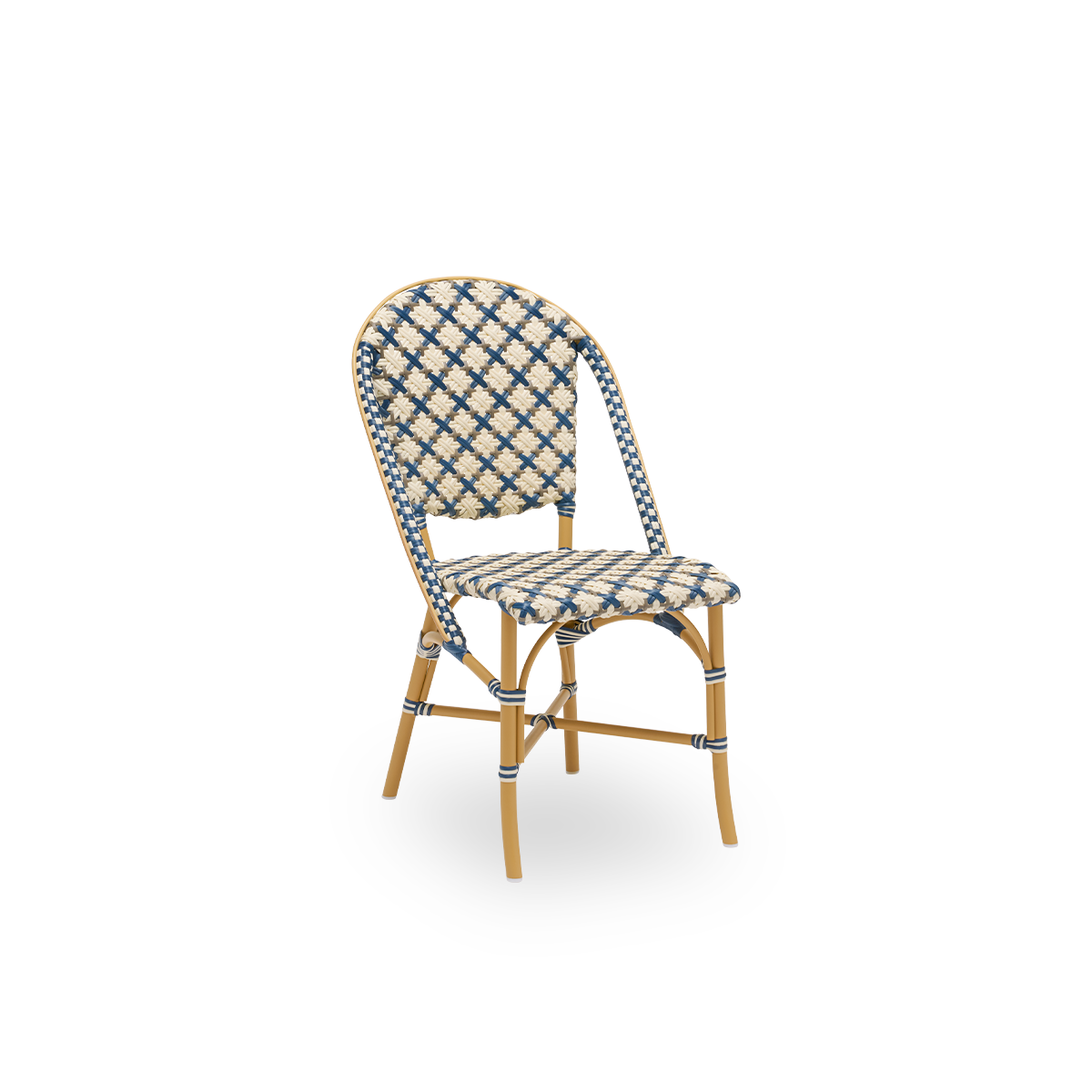 This is a close-up image of Sofie in almond aluminium frame starweave ivory navy blue cappuccino artfibre.