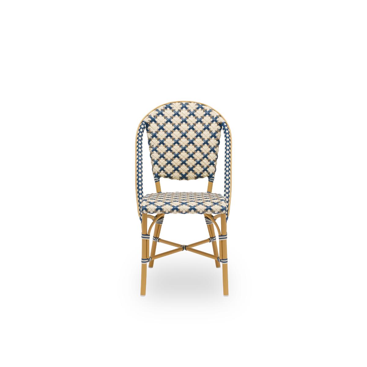 This is a close-up image of Sofie in almond aluminium frame starweave ivory navy blue cappuccino artfibre.
