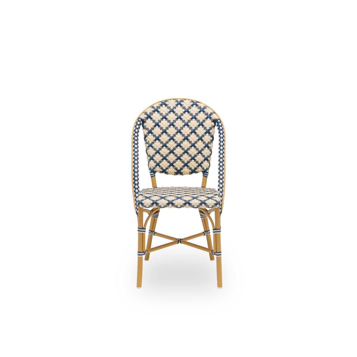 Front view of Sofie outdoor dining chair inspired by French café style. Aluminium frame in Almond color with fully woven seat- and backrest handcrafted in ArtFibre in starweave in Ivory, Navy Blue and Cappuccino. Stackable outdoor bistro chair.
