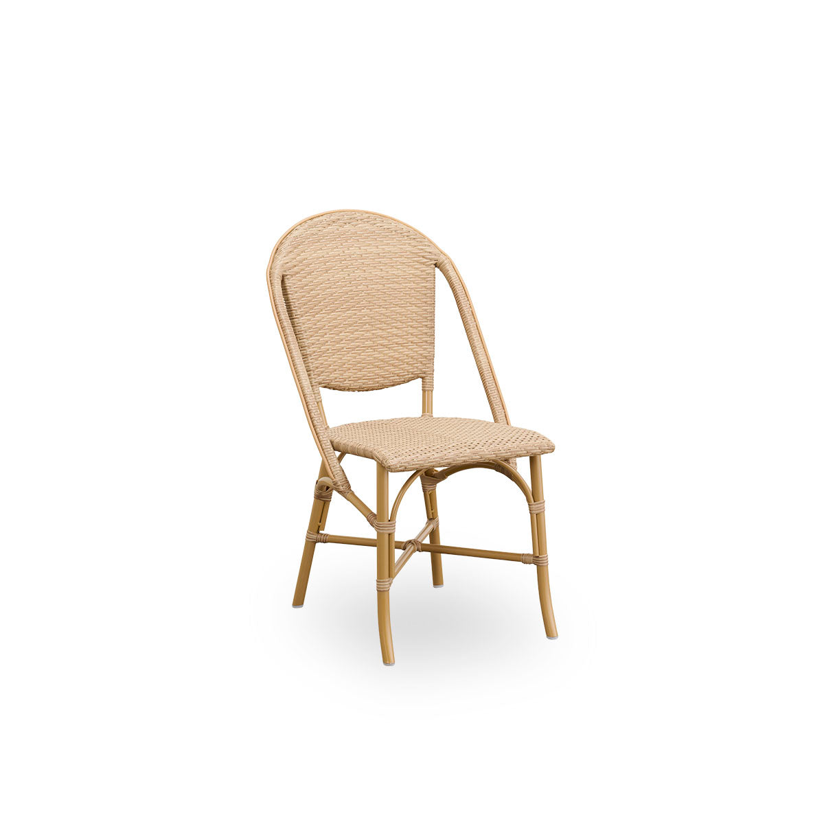 Side view of Sofie outdoor dining chair inspired by French café style. Aluminium frame in Almond color with fully woven seat- and backrest handcrafted in ArtFibre in natural color. Stackable outdoor bistro chair.
