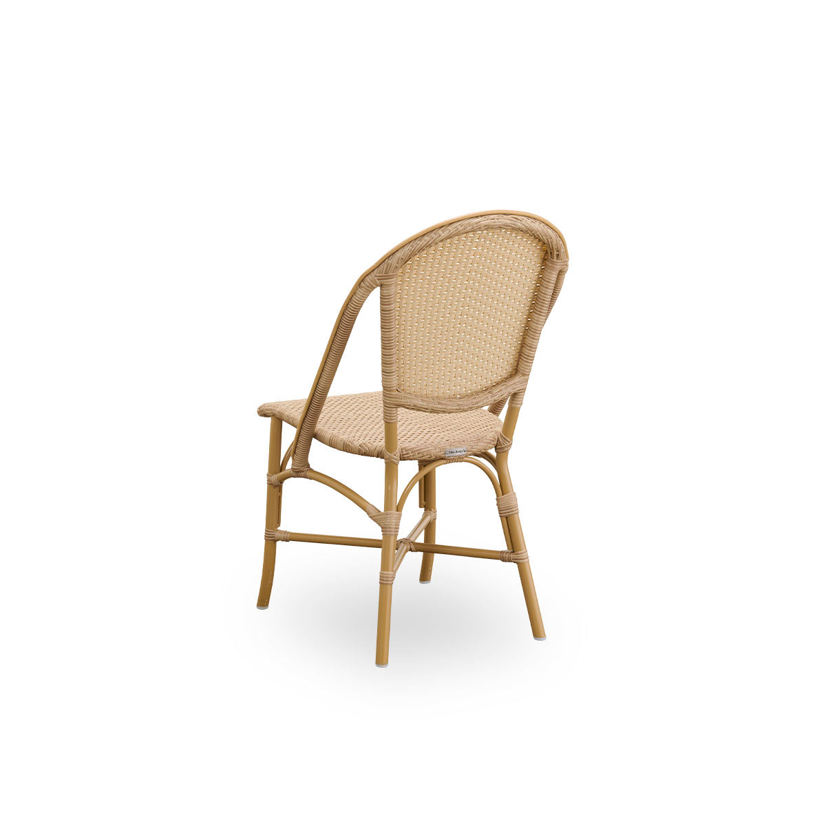 Back side view of the Sofie outdoor dining chair inspired by French café style.
Aluminum frame in almond color with fully woven seat and backrest handcrafted in ArtFibre in natural color. Stackable outdoor bistro chair.