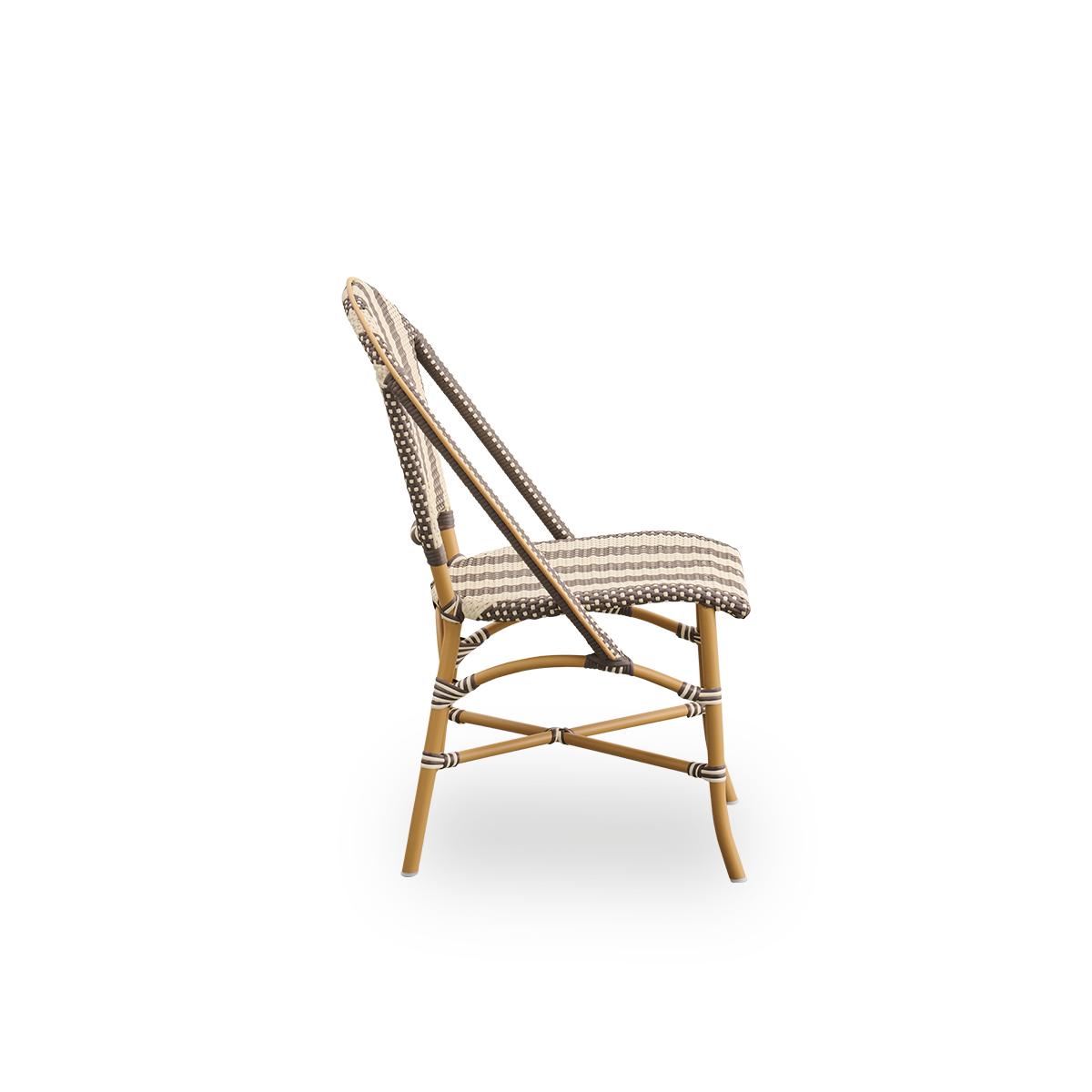 Plain side view of Sofie outdoor dining chair inspired by French café style. Aluminium frame in Almond color with fully woven seat- and backrest handcrafted in ArtFibre in broad striped pattern in Ivory and brown. Stackable outdoor bistro chair.