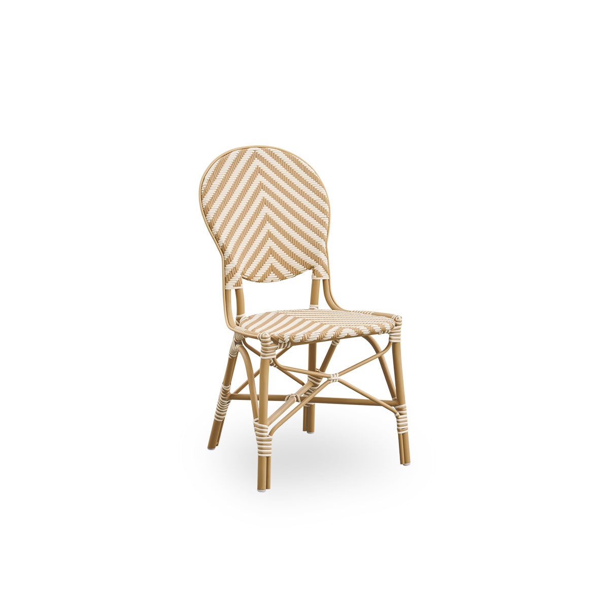 Side view of Isabell outdoor dining chair. Almond colored aluminium frame with seat and backrest made in ArtFibre in ivory and honey colored herringbone pattern.
