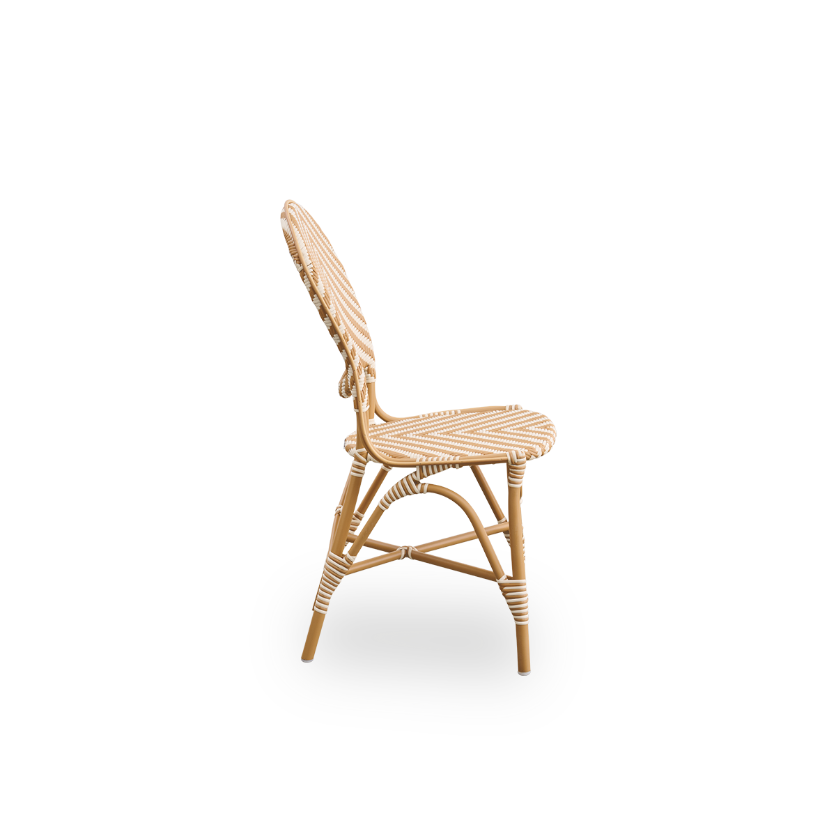 Plain side view of Isabell outdoor dining chair. Almond colored aluminium frame with seat and backrest made in ArtFibre in ivory and honey colored herringbone pattern.