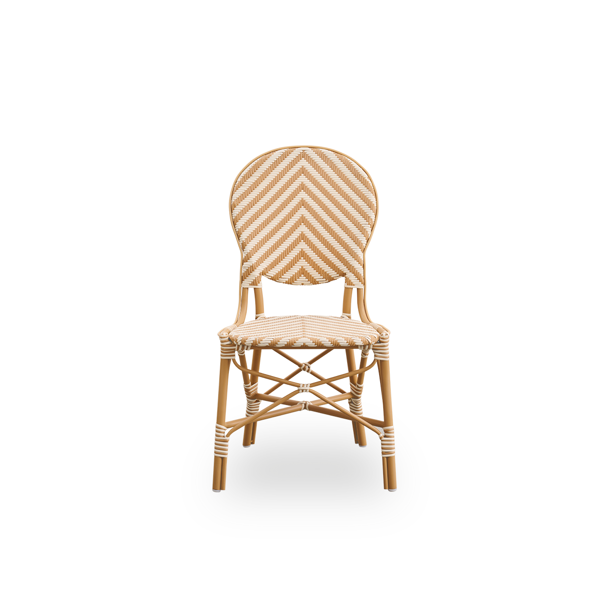 Front view of the Isabell outdoor dining chair.
Almond-colored aluminium frame with seat and backrest made in ArtFibre in an ivory and honey-colored herringbone pattern.