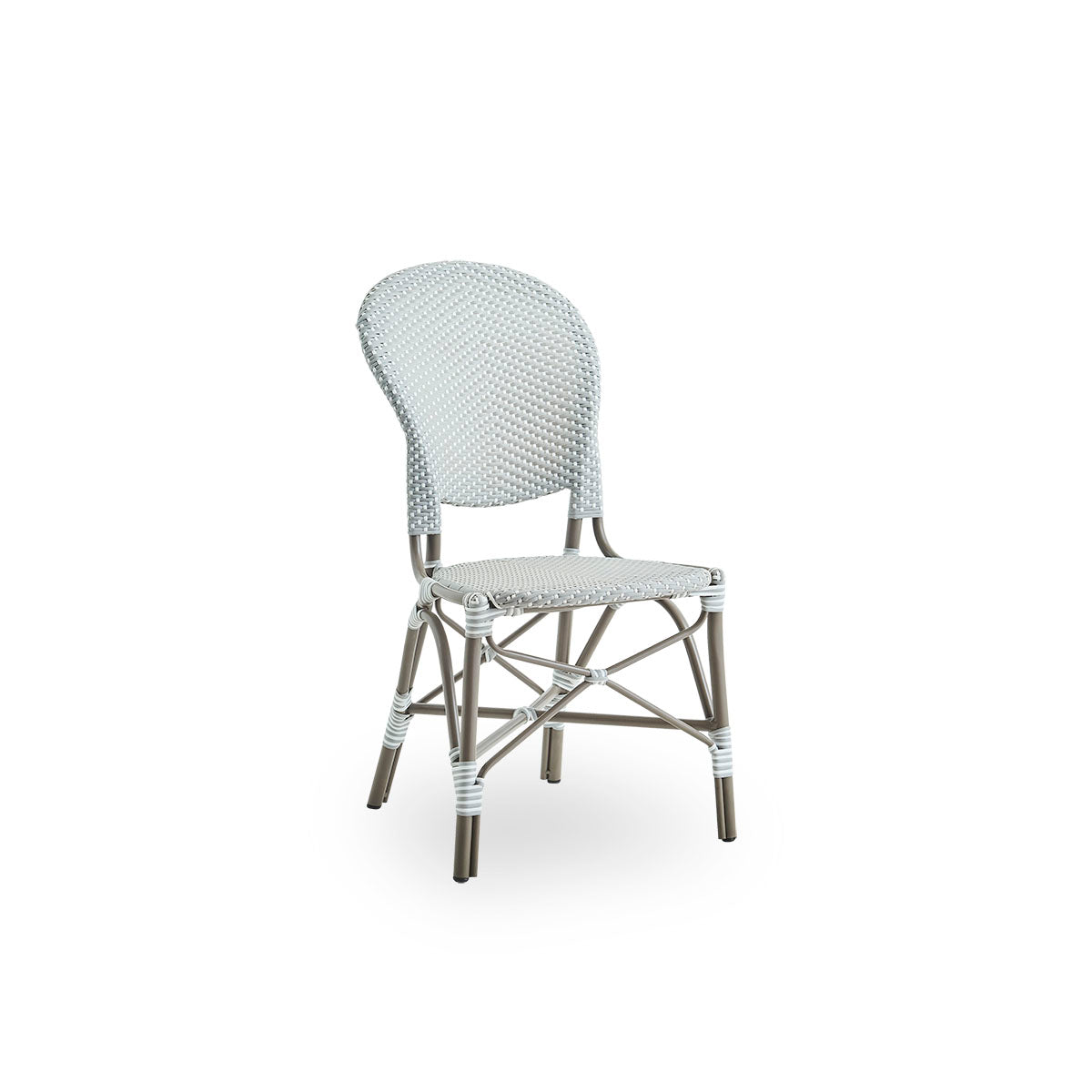 Side view of Isabell outdoor dining chair. Taupe aluminium frame with seat and backrest made in grey ArtFibre with white dots. Inspired by 1950s bistro design.