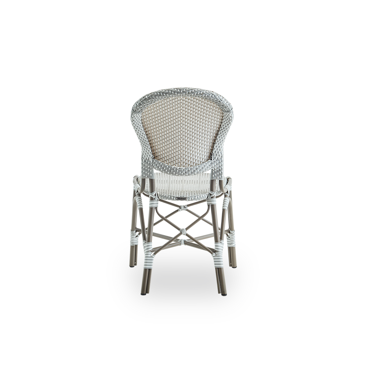 Plain back view of Isabell outdoor dining chair. Taupe aluminium frame with seat and backrest made in grey ArtFibre with white dots. Inspired by 1950s bistro design.