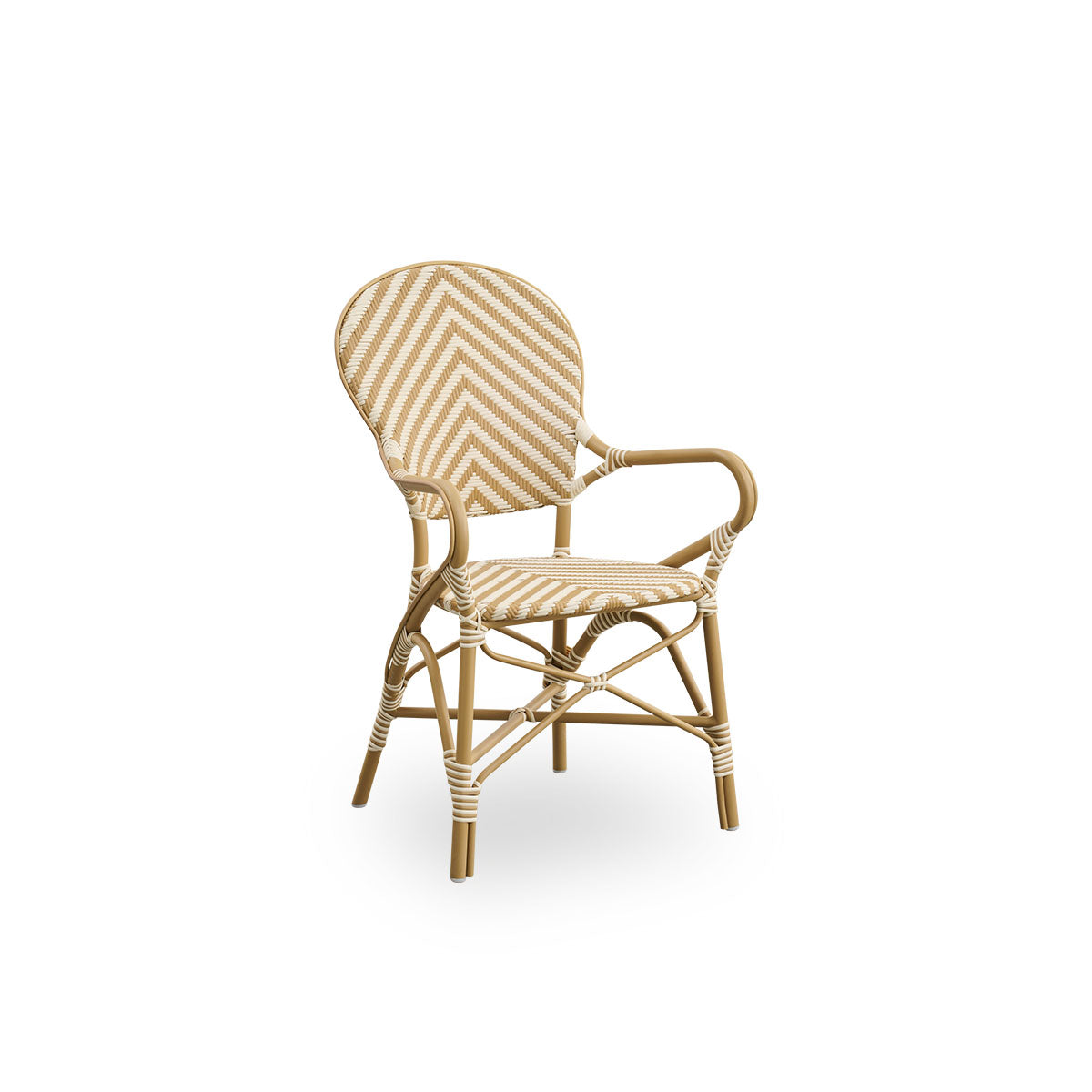 Side view of Isabell outdoor dining armchair. Almond colored aluminium frame with seat and backrest made in ArtFibre in ivory and honey colored herringbone pattern.