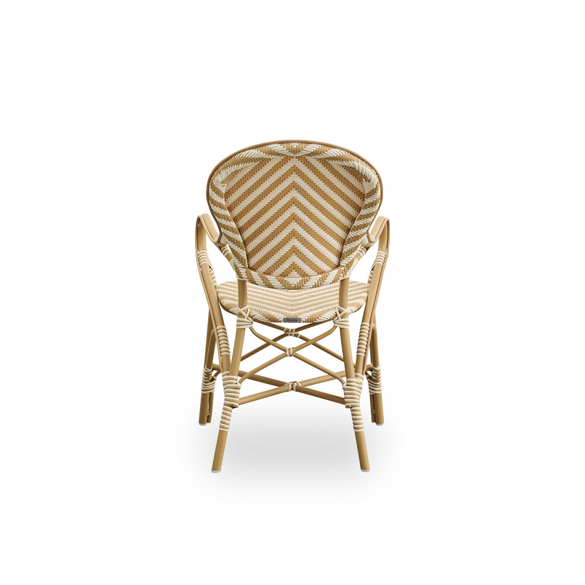 Plain back view of Isabell outdoor dining armchair. Almond colored aluminium frame with seat and backrest made in ArtFibre in ivory and honey colored herringbone pattern.