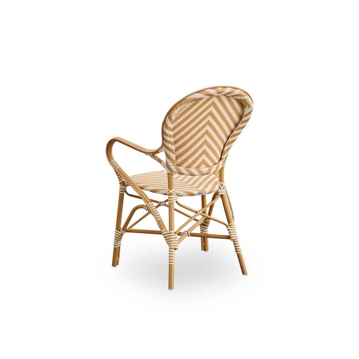Back side view of the Isabell outdoor dining armchair.
Almond-colored aluminum frame with seat and backrest made in ArtFibre in an ivory and honey-colored herringbone pattern.