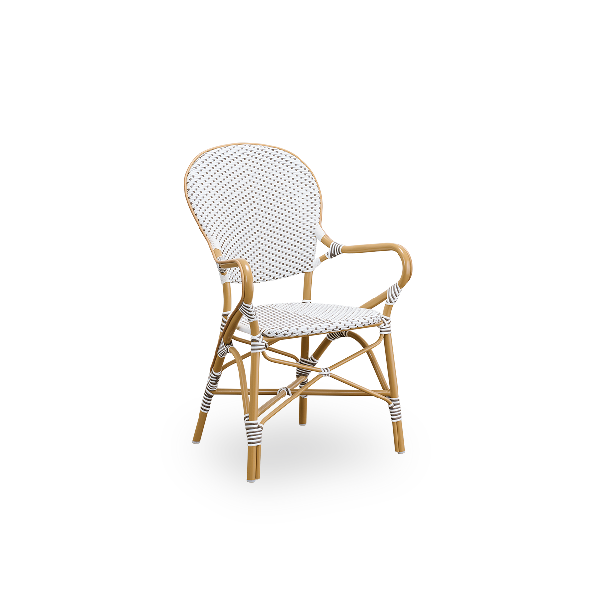 Side view of Isabell outdoor dining armchair. Almond colored aluminium frame with seat and backrest made in white ArtFibre with brown dots. Inspired by 1950s bistro design.
