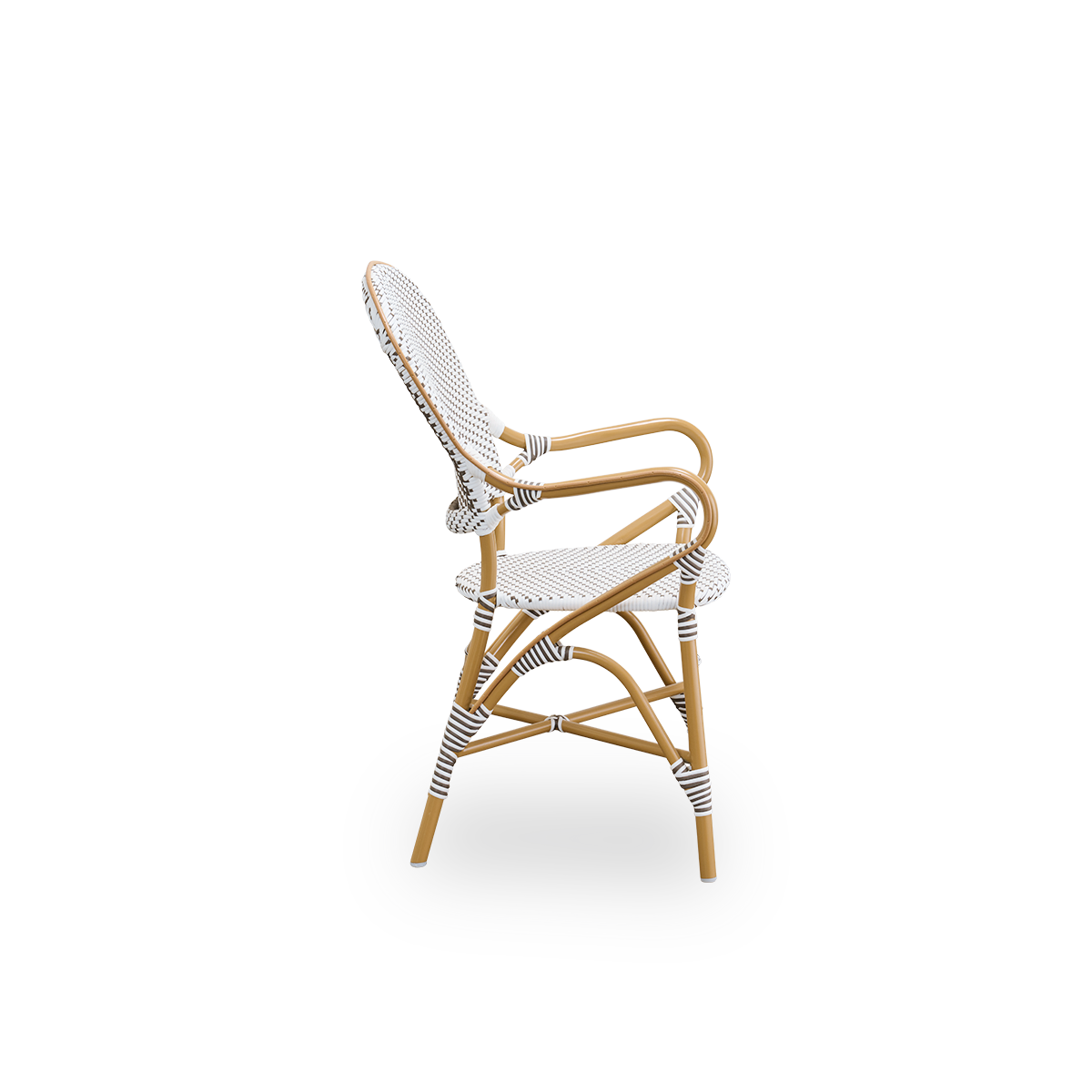 Plain side view of Isabell outdoor dining armchair. Almond colored aluminium frame with seat and backrest made in white ArtFibre with brown dots. Inspired by 1950s bistro design.