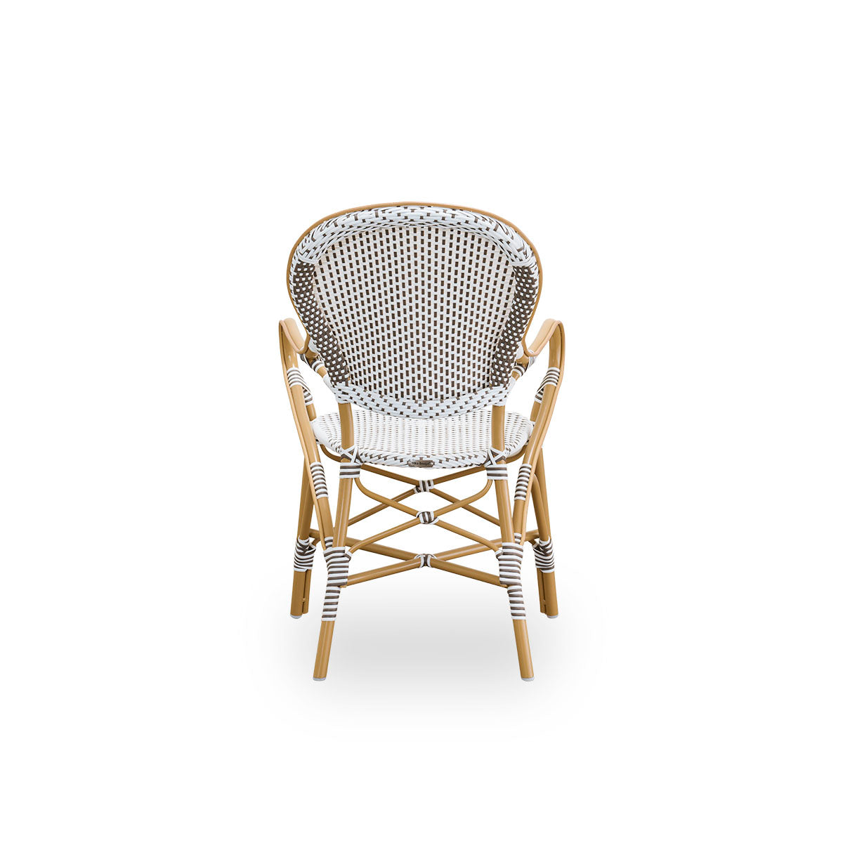 Plain back view of Isabell outdoor dining armchair. Almond colored aluminium frame with seat and backrest made in white ArtFibre with brown dots. Inspired by 1950s bistro design.