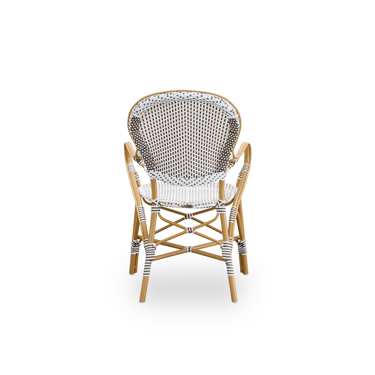 Plain back view of Isabell outdoor dining armchair. Almond colored aluminium frame with seat and backrest made in white ArtFibre with brown dots. Inspired by 1950s bistro design.