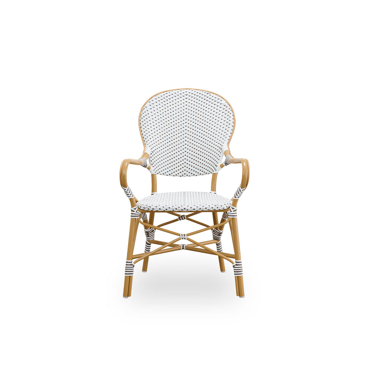 Front view of the Isabell outdoor dining armchair.
Almond-colored aluminium frame with seat and backrest made in white ArtFibre with brown dots. Inspired by 1950s bistro design.