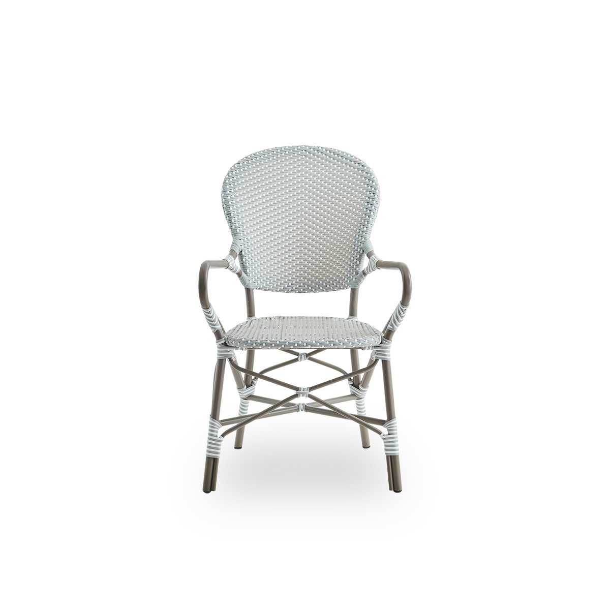 Front view of the Isabell outdoor dining armchair.
Taupe aluminium frame with seat and backrest made in grey ArtFibre with white dots. Inspired by 1950s bistro design.