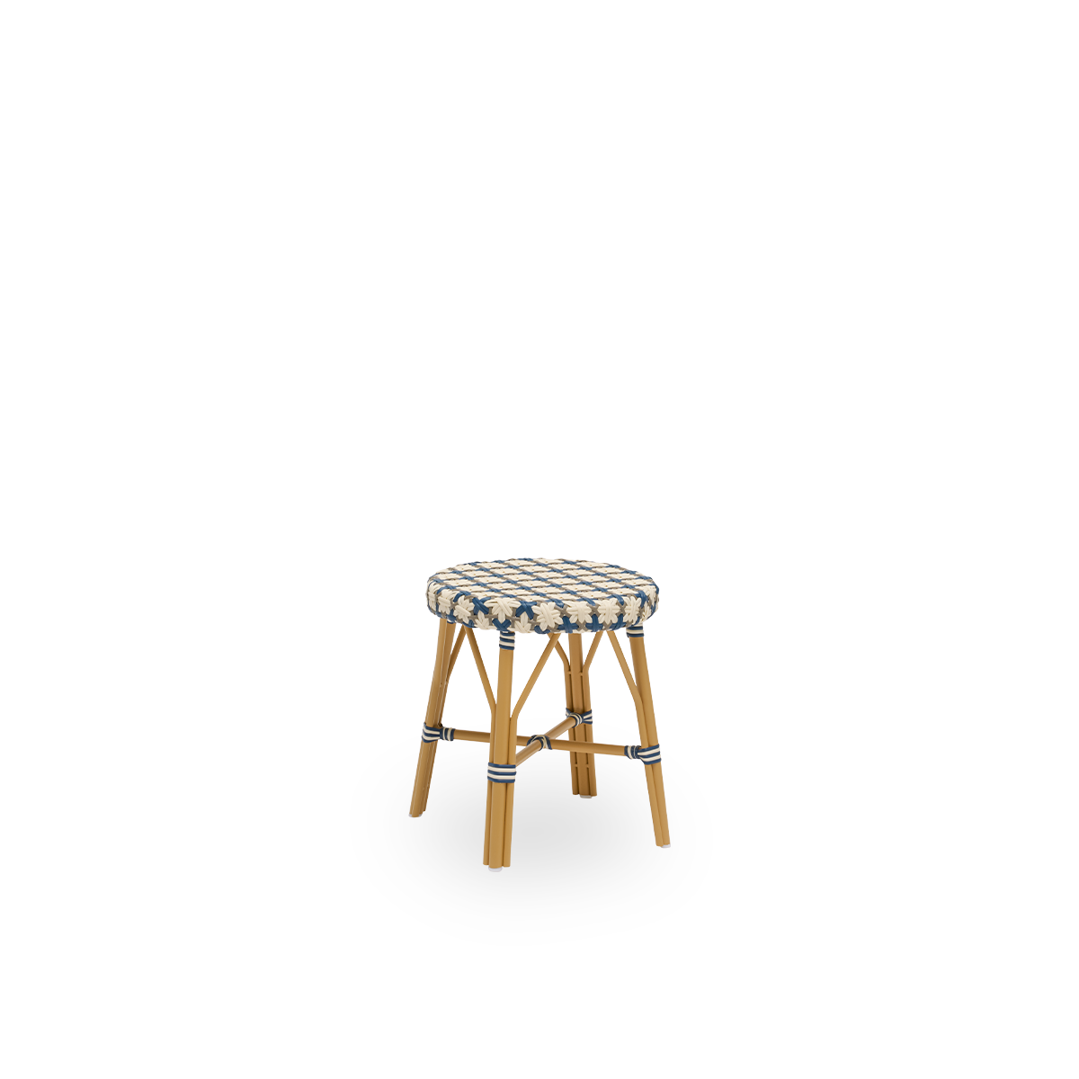 Side view of Simone outdoor stool height 52 cm. Aluminium frame in Almond color with footrest, with fully woven round seat handcrafted in ArtFibre with starweave in Ivory, Navy Blue and Cappuccino. Stackable stool.