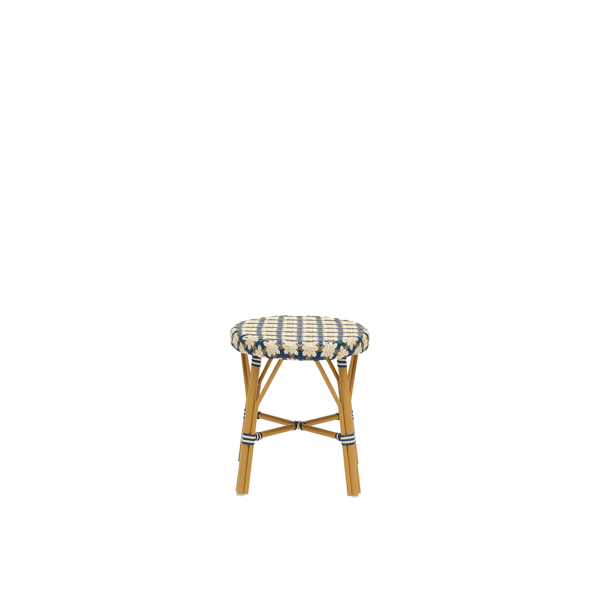 Front view of Simone outdoor stool height 52 cm. Aluminium frame in Almond color with footrest, with fully woven round seat handcrafted in ArtFibre with starweave in Ivory, Navy Blue and Cappuccino. Stackable stool.