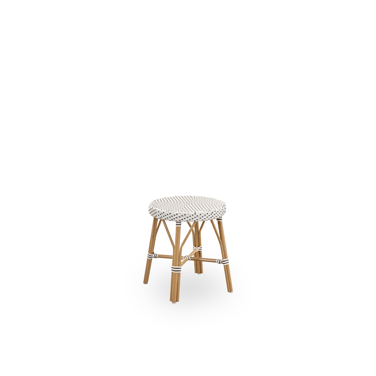 Side view of Simone outdoor stool height 52 cm. Aluminium frame in Almond color with footrest, with fully woven round seat handcrafted in ArtFibre in white with brown dots pattern. Stackable stool.