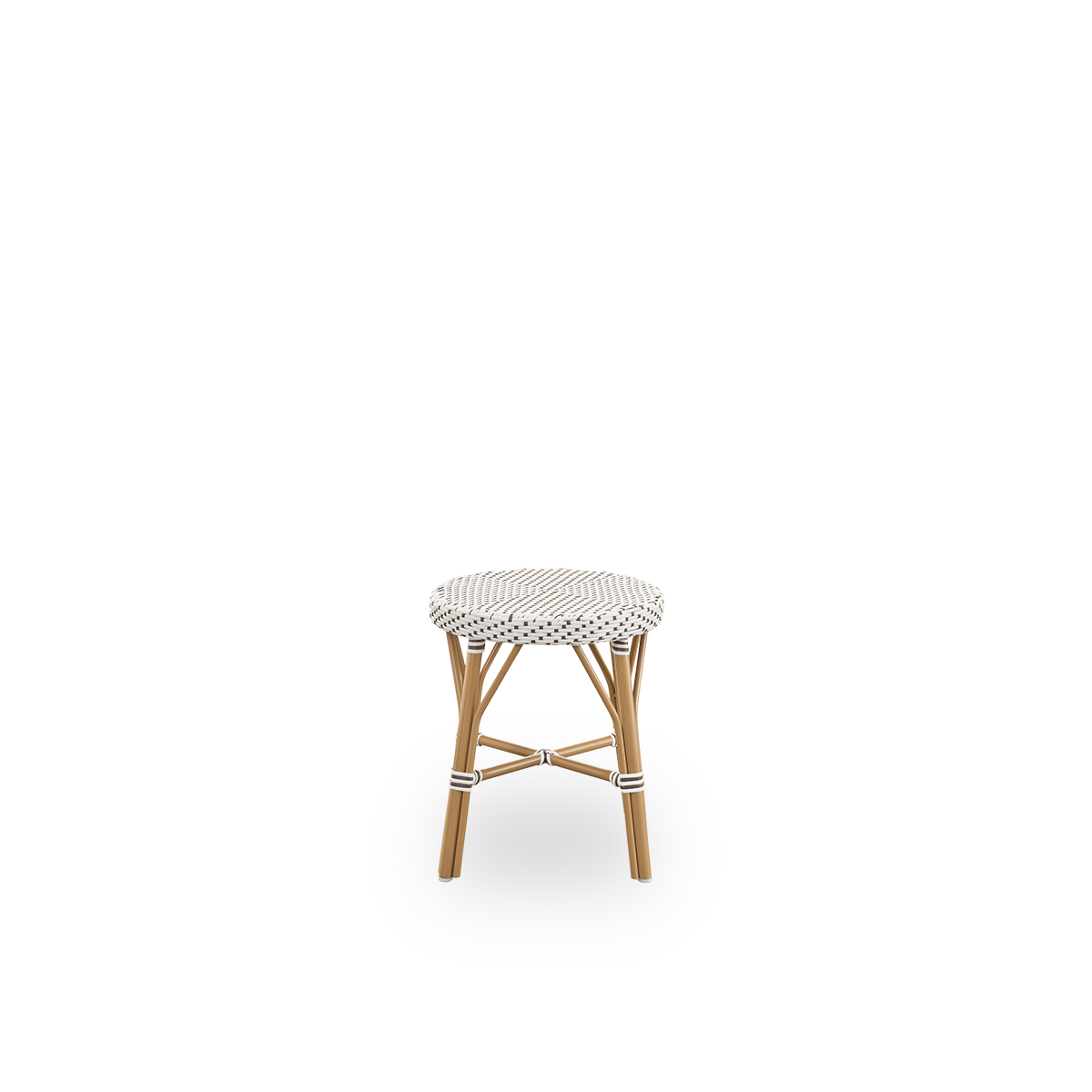 Plain side view of Simone outdoor stool height 52 cm. Aluminium frame in Almond color with footrest, with fully woven round seat handcrafted in ArtFibre in white with brown dots pattern. Stackable stool.