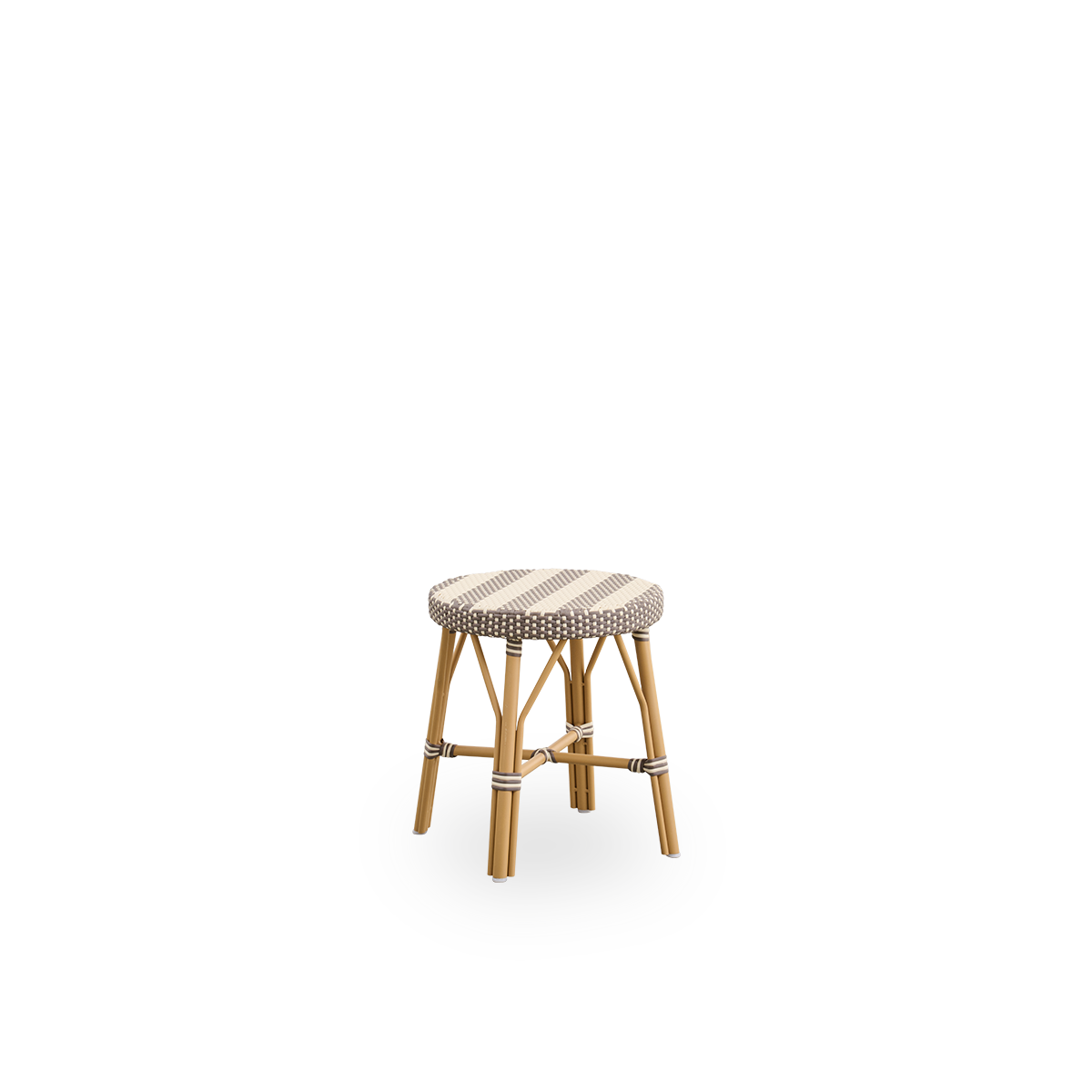 Side view of Simone outdoor stool height 52 cm. Aluminium frame in Almond color with footrest, with fully woven round seat handcrafted in ArtFibre with broad stripes in Ivory and Brown. Stackable stool.