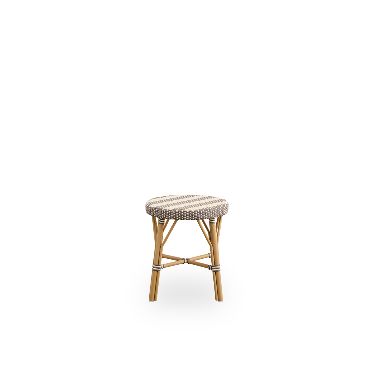 Plain side view of Simone outdoor stool height 52 cm. Aluminium frame in Almond color with footrest, with fully woven round seat handcrafted in ArtFibre with broad stripes in Ivory and Brown. Stackable stool.