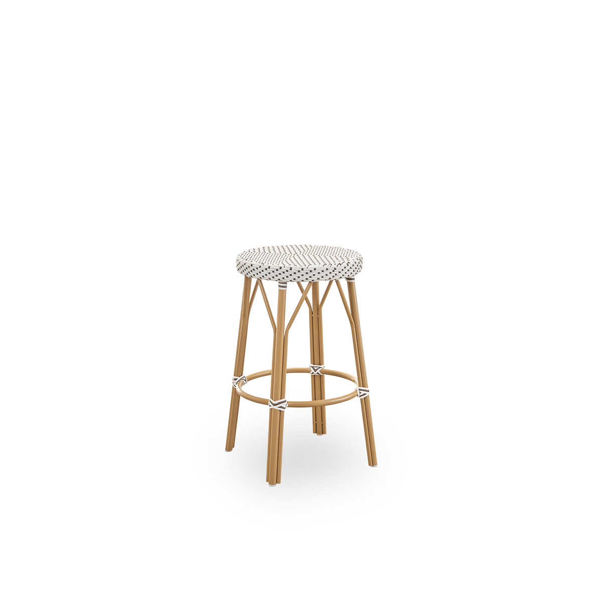 Side view of Simone outdoor counterstool height 68 cm. Aluminium frame in Almond color with footrest, with fully woven round seat handcrafted in ArtFibre in white with brown dots pattern. Stackable counterstool.