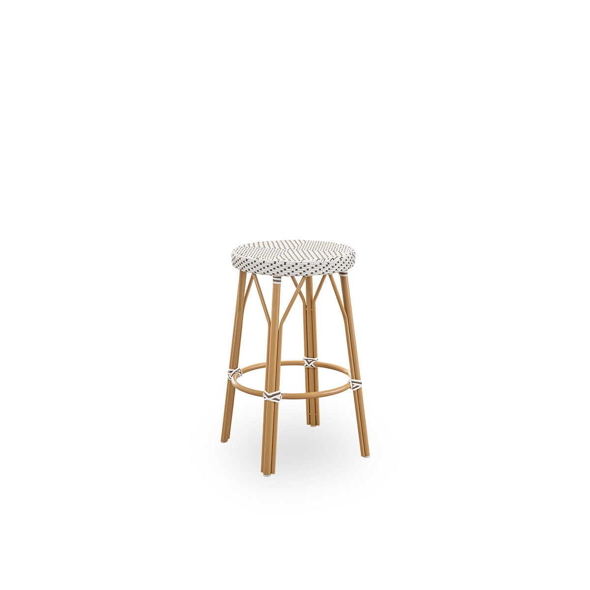 Side view of Simone outdoor counterstool height 68 cm. Aluminium frame in Almond color with footrest, with fully woven round seat handcrafted in ArtFibre in white with brown dots pattern. Stackable counterstool.