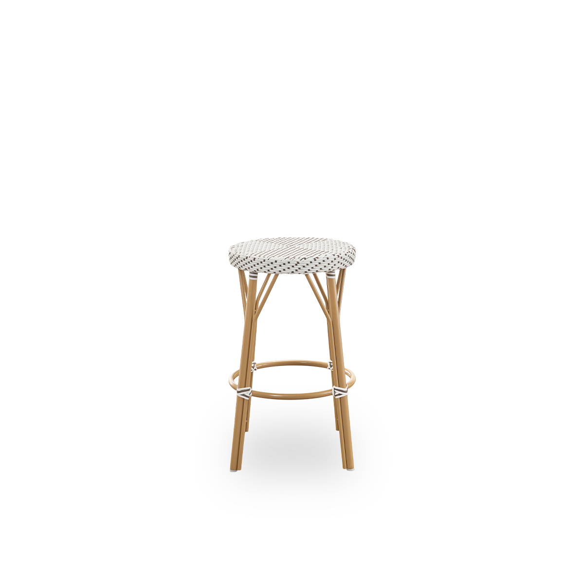 Plain side view of Simone outdoor counterstool height 68 cm. Aluminium frame in Almond color with footrest, with fully woven round seat handcrafted in ArtFibre in white with brown dots pattern. Stackable counterstool.