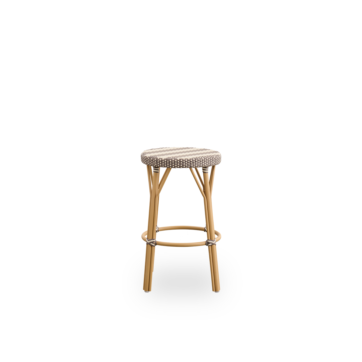 Plain side view of Simone outdoor counterstool height 68 cm. Aluminium frame in Almond color with footrest, with fully woven round seat handcrafted in ArtFibre with broad stripes in Ivory and Brown. Stackable counterstool.