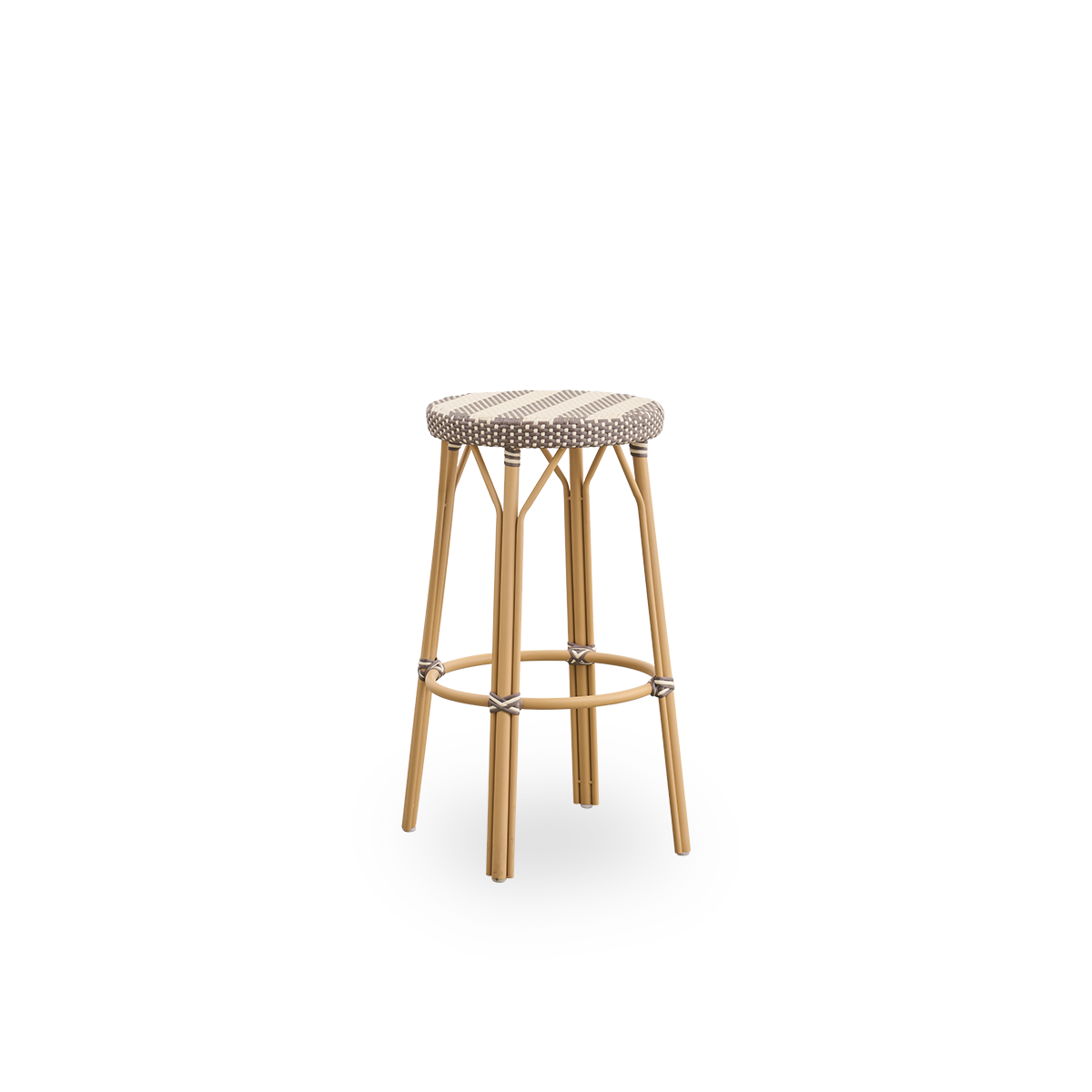 Side view of Simone outdoor barstool height 78 cm. Aluminium frame in Almond color with footrest, with fully woven round seat handcrafted in ArtFibre with broad stripes in Ivory and Brown. Stackable barstool.