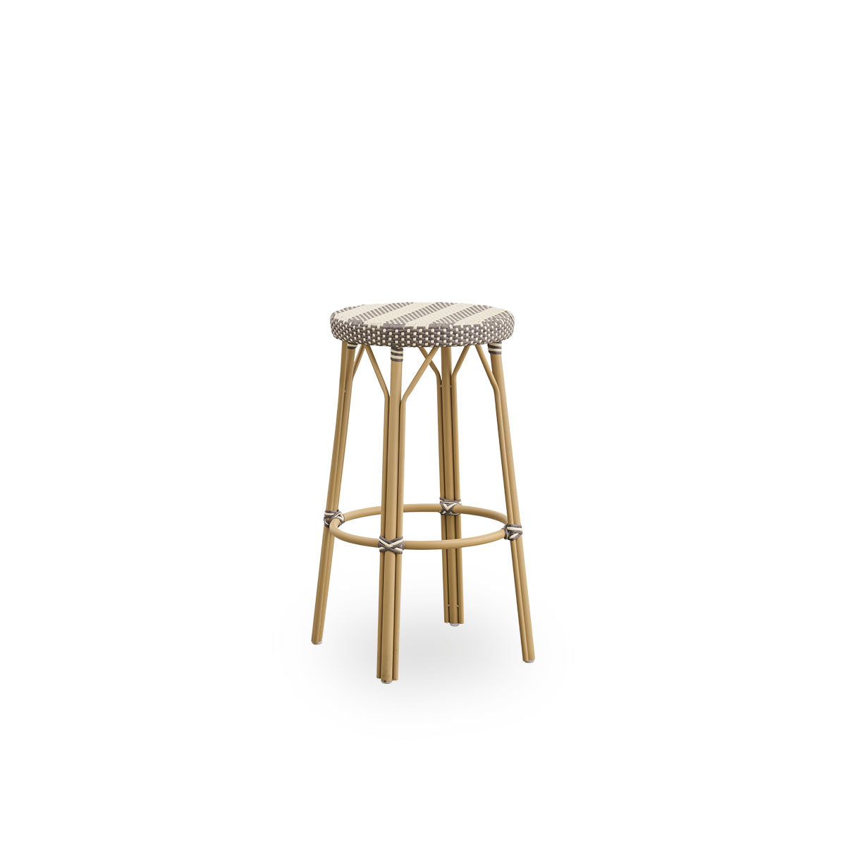 Side view of Simone outdoor barstool height 78 cm. Aluminium frame in Almond color with footrest, with fully woven round seat handcrafted in ArtFibre with broad stripes in Ivory and Brown. Stackable barstool.