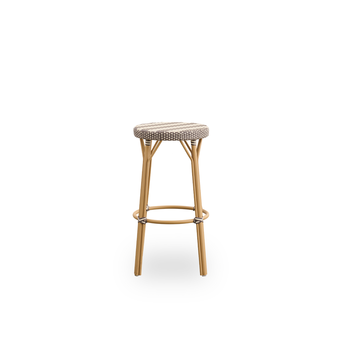Plain side view of Simone outdoor barstool height 78 cm. Aluminium frame in Almond color with footrest, with fully woven round seat handcrafted in ArtFibre with broad stripes in Ivory and Brown. Stackable barstool.