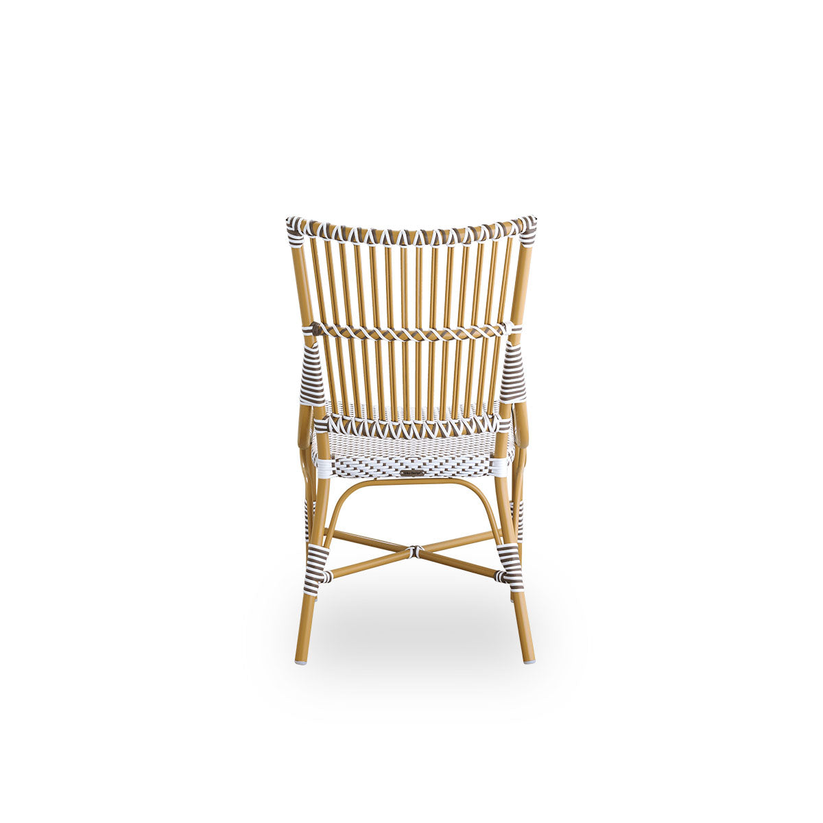 Plain back view of Monique outdoor dining chair. Aluminium frame in almond color with seat woven with ArtFibre in white with brown dots. Inspired by 1950s bistro design.