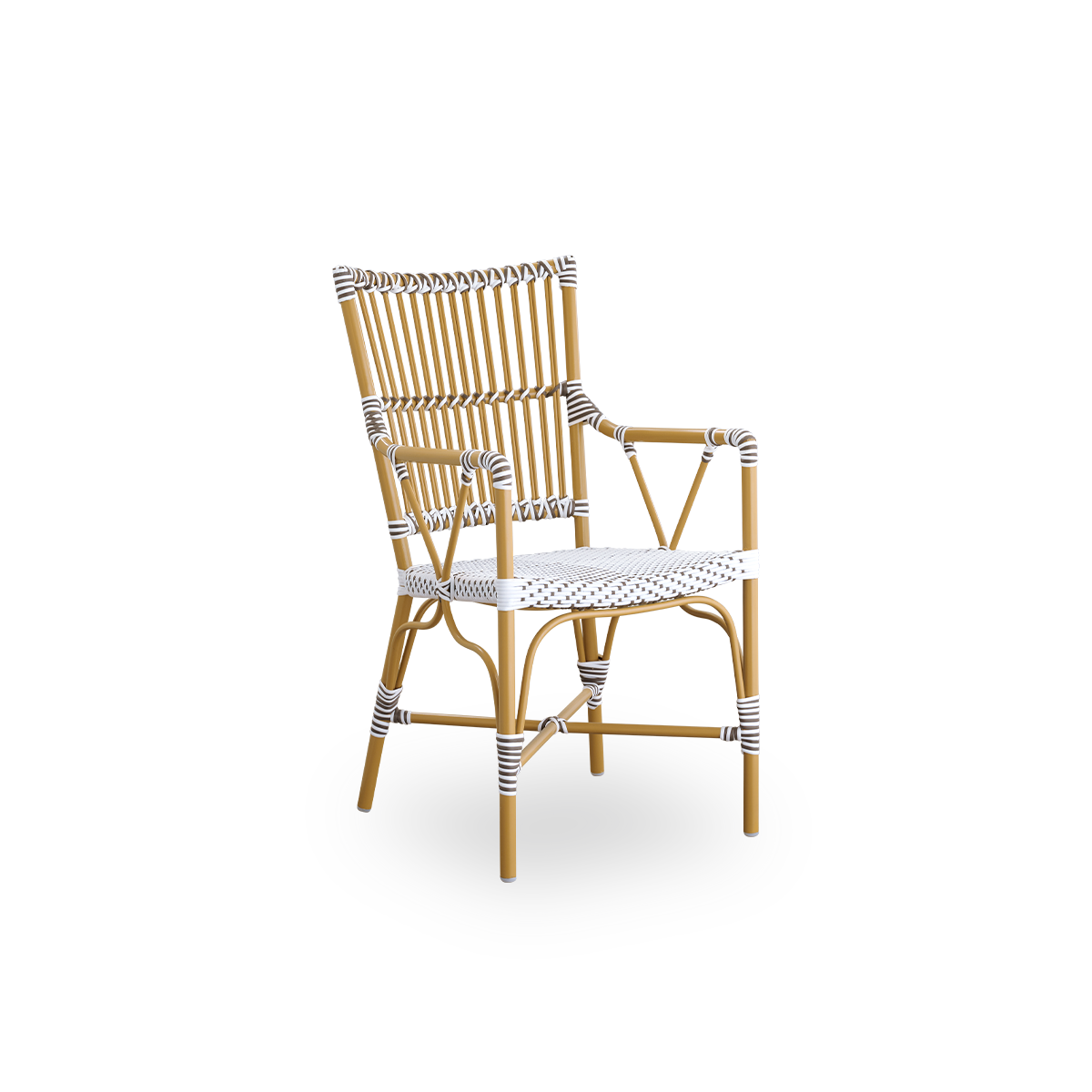 Side view of Monique outdoor dining armchair. Aluminium frame in almond color with seat woven with ArtFibre in white with brown dots. Inspired by 1950s bistro design.