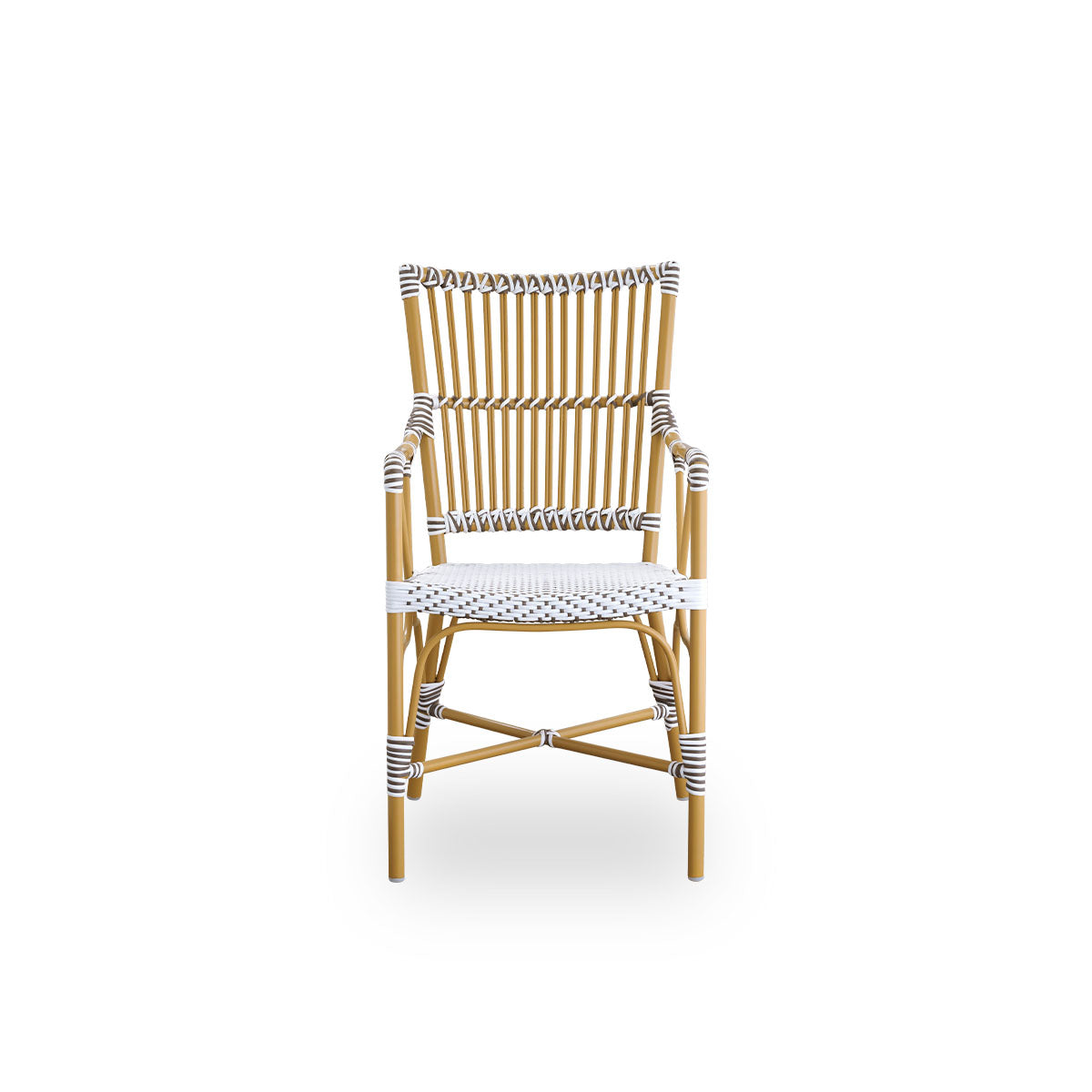 Front view of the Monique outdoor dining armchair.
Aluminium frame in almond color with seat woven with ArtFibre in white with brown dots. Inspired by 1950s bistro design.