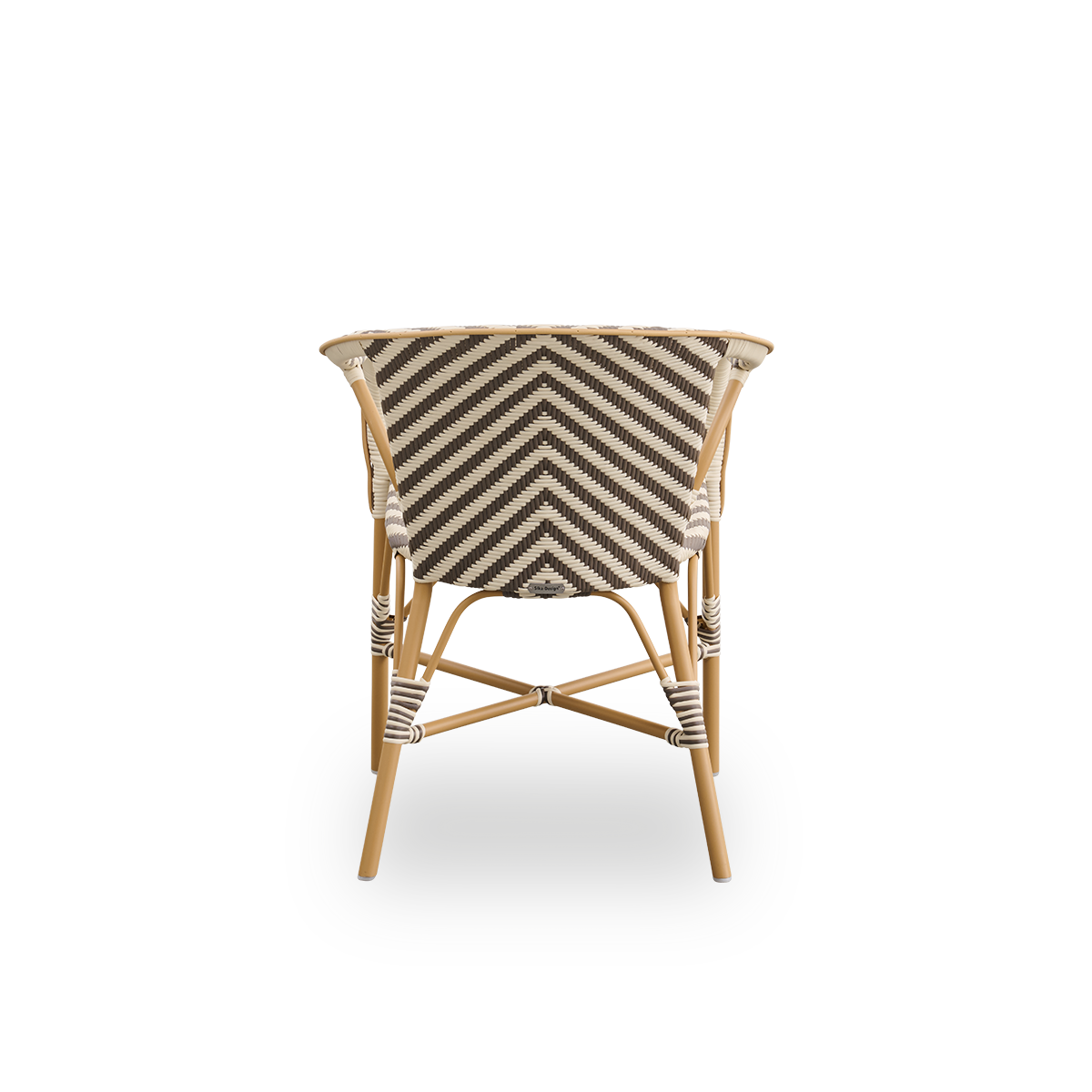 Plain back view of Madeleine outdoor dining armchair. Aluminium frame in almond color with seat and backrest woven with ArtFibre in ivory and brown herringbone pattern.