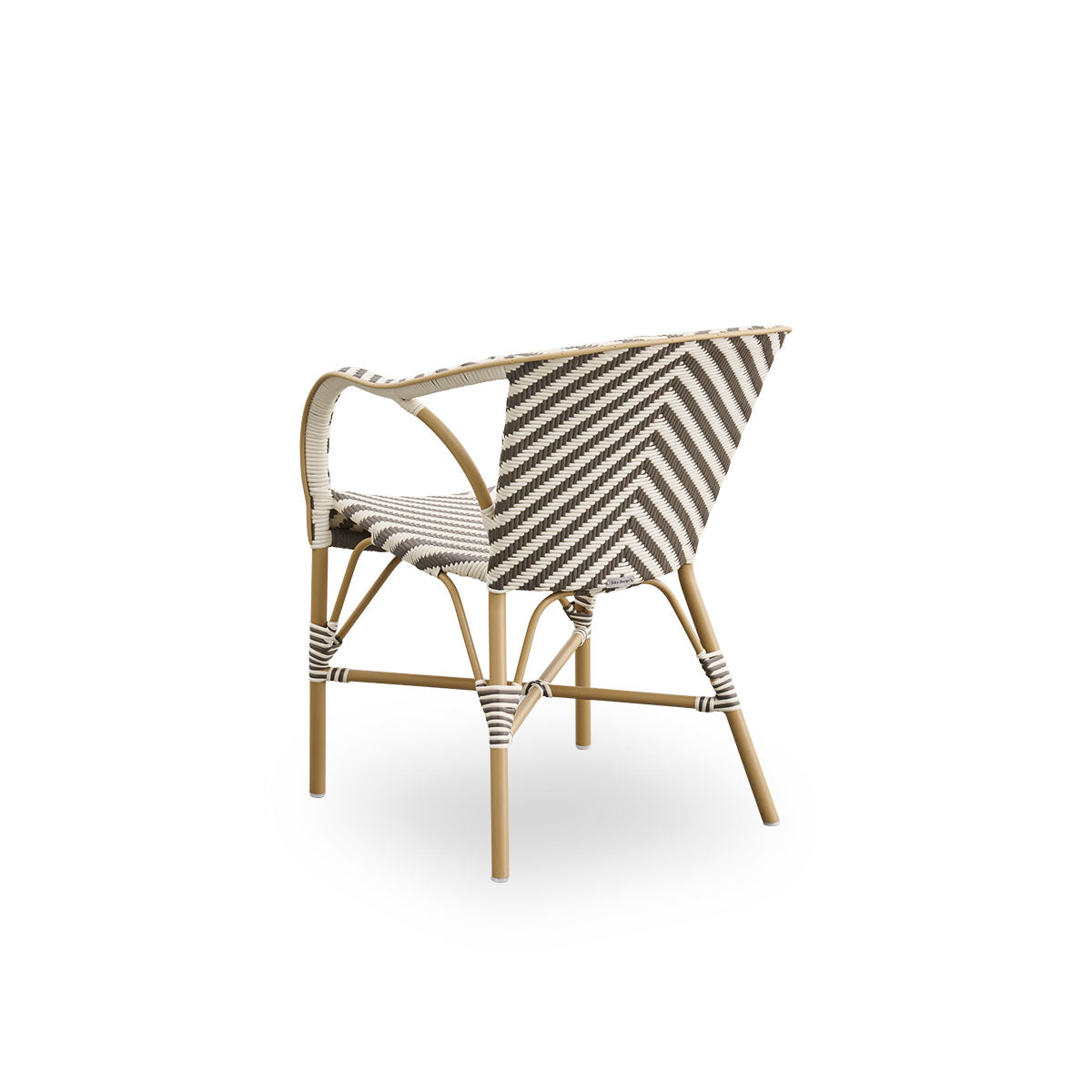Back side view of the Madeleine outdoor dining armchair.
Aluminum frame in almond color with seat and backrest woven with ArtFibre in an ivory and brown herringbone pattern.