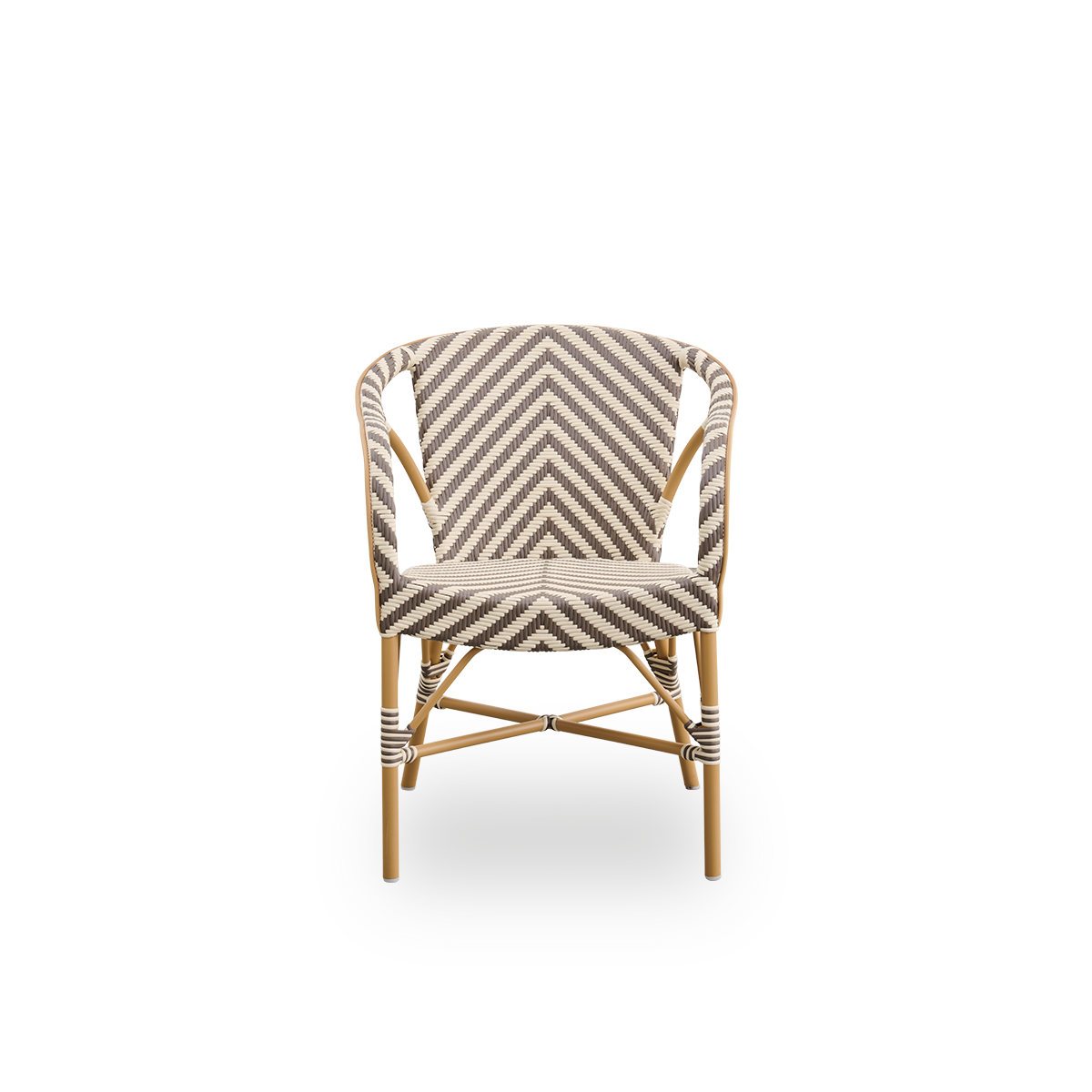 Front view of the Madeleine outdoor dining armchair.
Aluminium frame in almond color with seat and backrest woven with ArtFibre in an ivory and brown herringbone pattern.