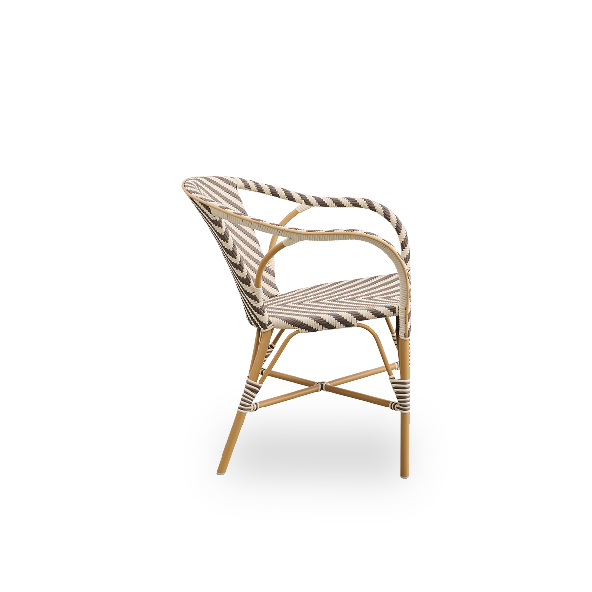 Plain side view of Madeleine outdoor dining armchair. Aluminium frame in almond color with seat and backrest woven with ArtFibre in ivory and brown herringbone pattern.